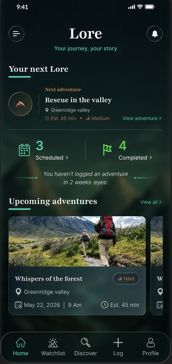 Lore app home screen